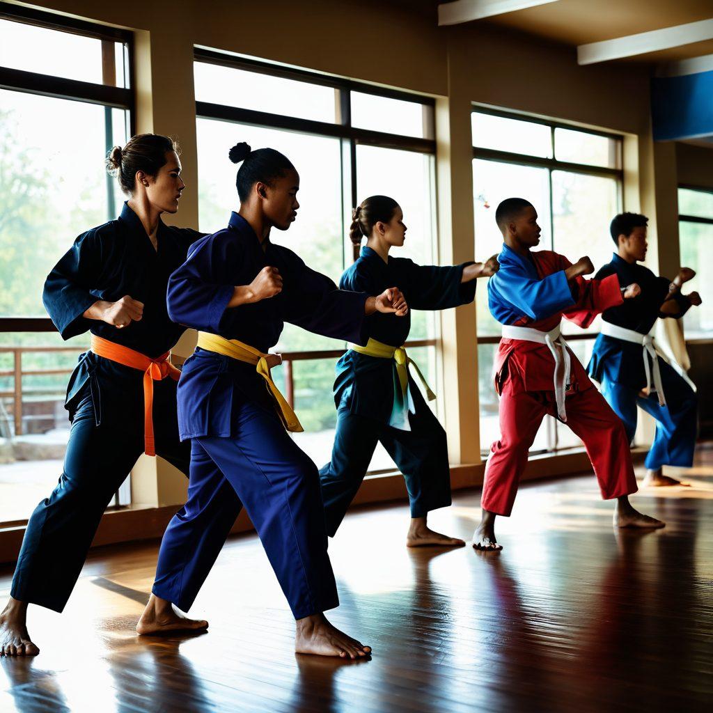 A dynamic scene of a diverse group of martial artists training in a sunlit dojo, showcasing joyful expressions as they practice various techniques. Incorporate vibrant colors with flowing movements, highlighting a sense of camaraderie and excitement. Include elements like banners with inspiring quotes and traditional martial arts gear. The background should feature soft sunlight pouring through large windows, creating an uplifting atmosphere. super-realistic. vibrant colors. bright and airy.