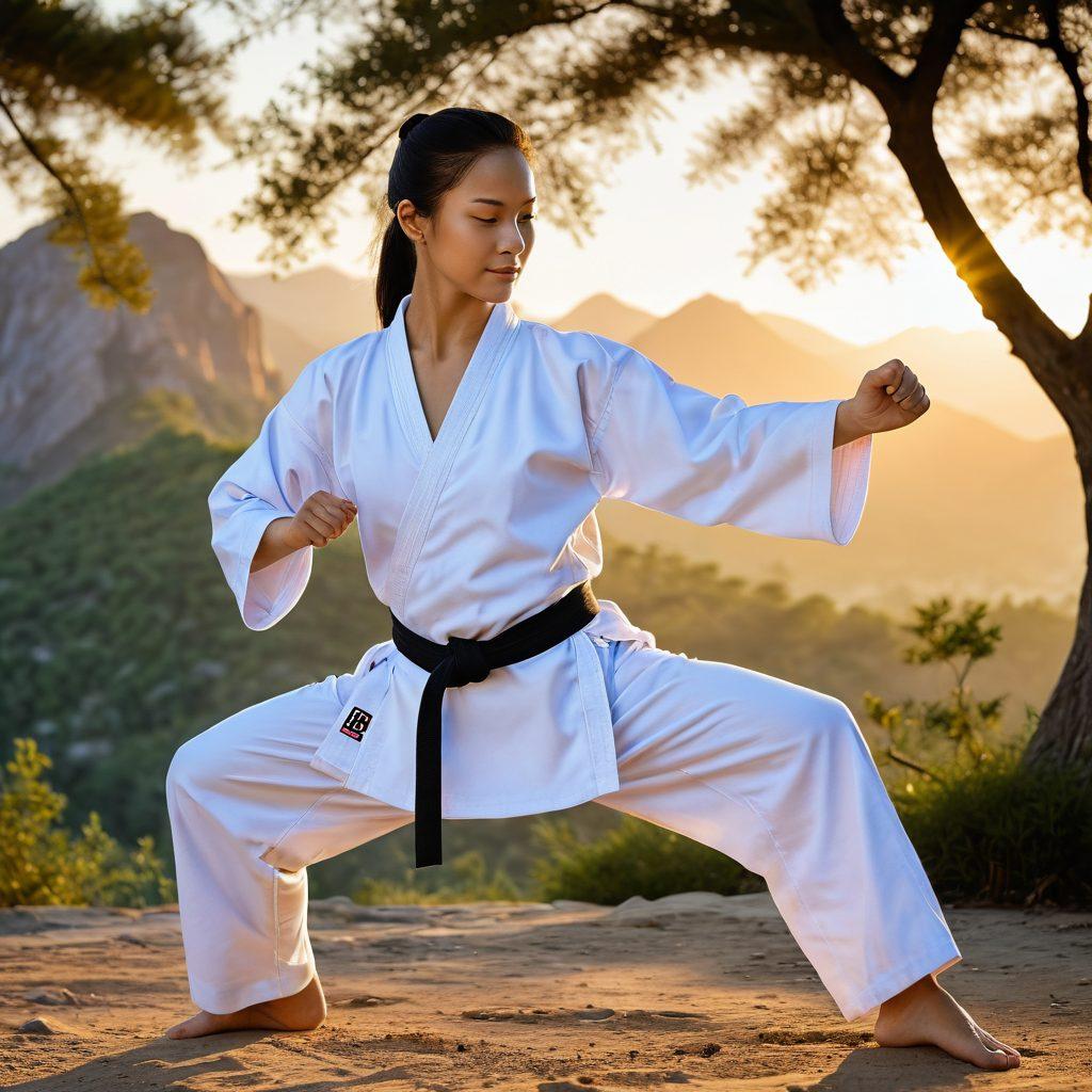 A determined individual, practicing martial arts in a serene outdoor setting at sunrise, showcasing their strength and focus. Their form should convey discipline and confidence, surrounded by natural beauty like trees and mountains symbolizing growth. Include subtle elements of happiness, such as a wide smile or joyous expression to illustrate the connection between martial arts and well-being. super-realistic. vibrant colors. peaceful atmosphere.