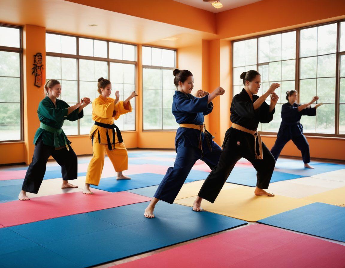 A dynamic scene depicting diverse individuals engaged in self-defense training, radiating joy and enthusiasm. Showcase a vibrant dojo with colorful mats and natural light streaming through large windows, while instructors demonstrate techniques with infectious energy. Include elements like colorful training gear and smiles to emphasize the fun aspect of learning. The backdrop should blend traditional martial arts decor with modern fitness motifs. super-realistic. vibrant colors. 3D.